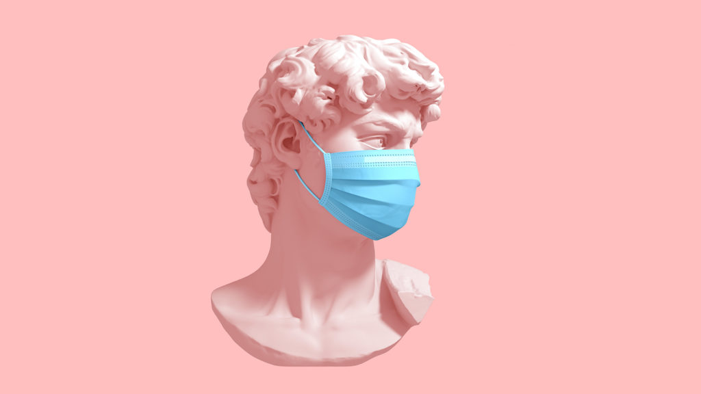 Sculpture bust wearing medical mask